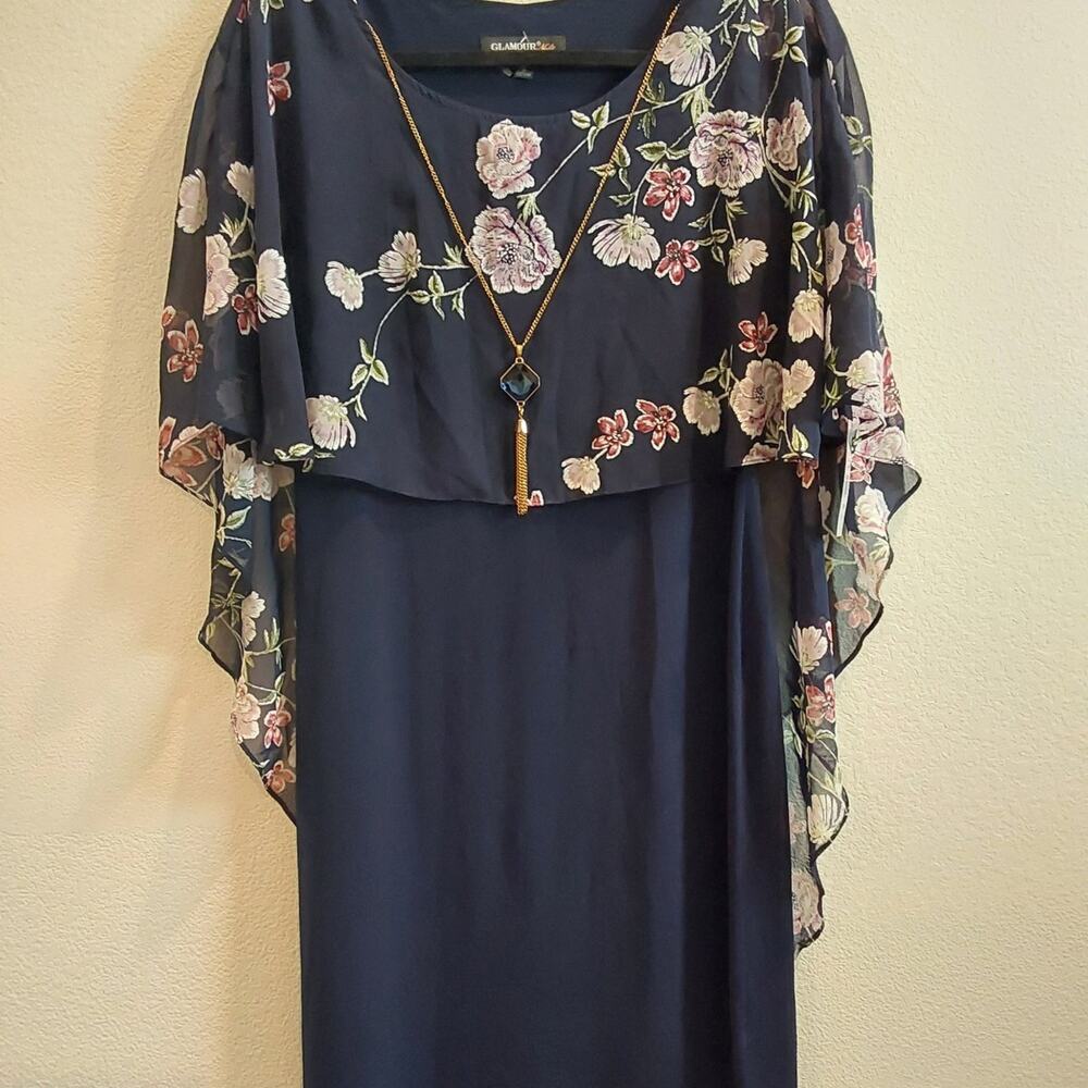 GlamourNights NavyFloral SheathDress GauzyOverlay W/Gold Tassle Necklace sz8 NWT